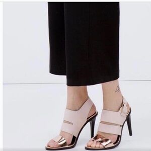 Zara Trafaluc rose gold/ pink and black heeled sandals